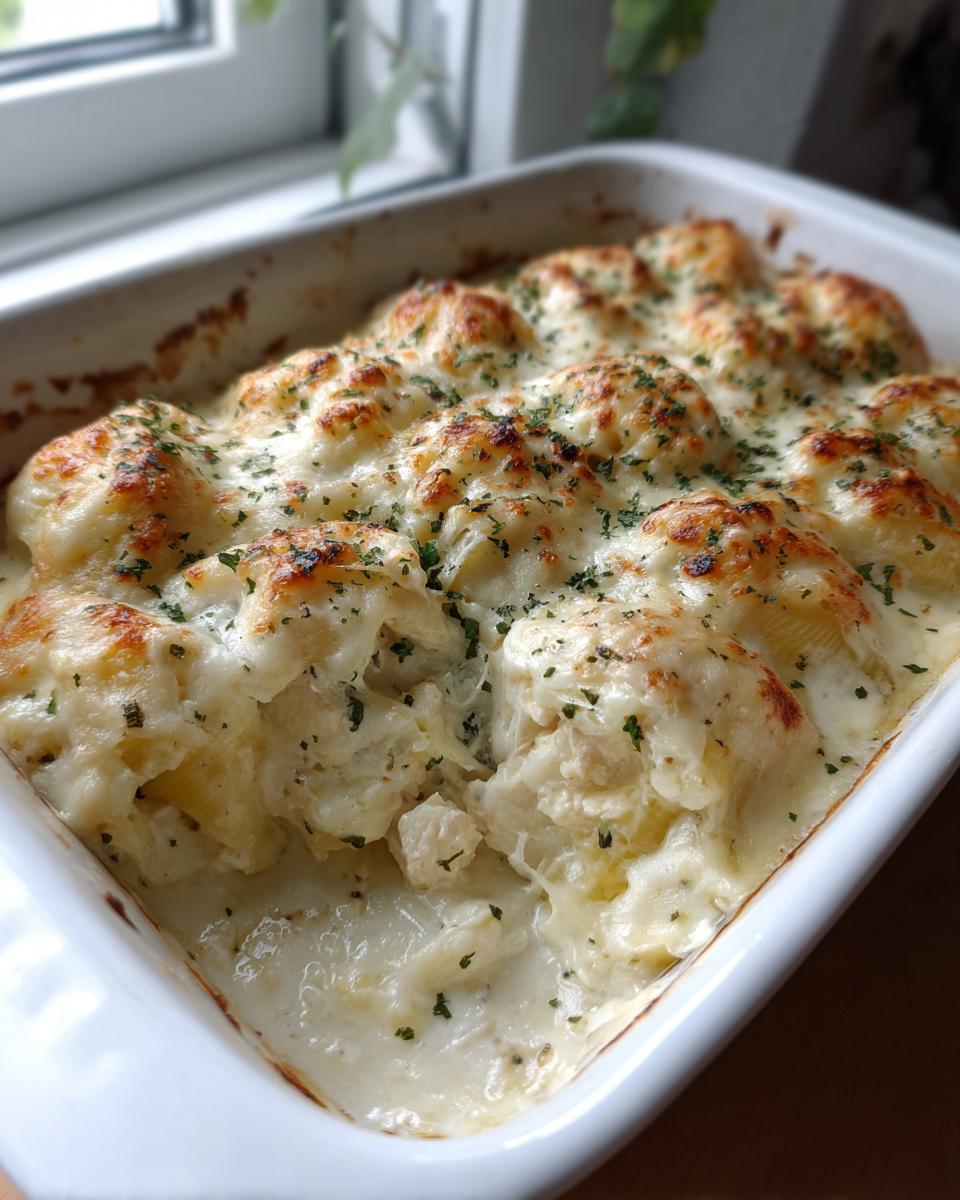 A white baking dish filled with baked chicken alfredo stuffed shells, covered in melted, browned cheese and parsley.