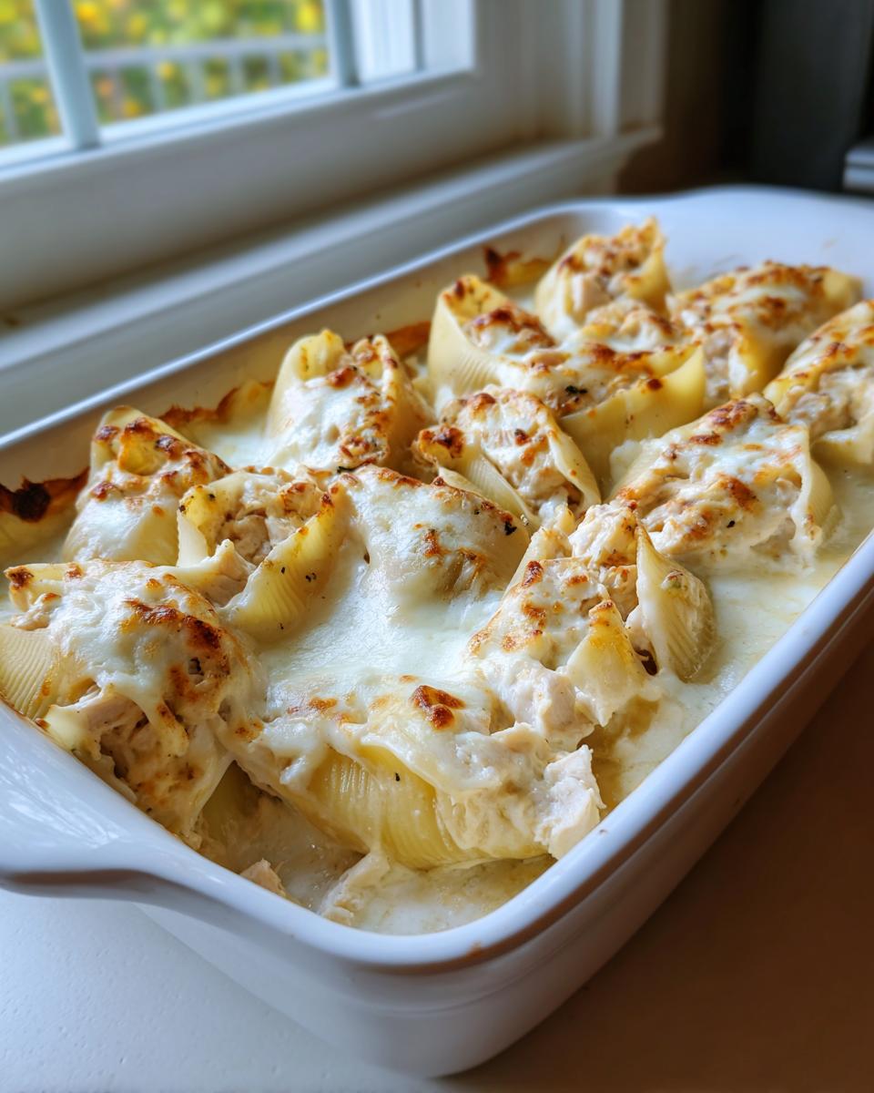 A white baking dish filled with baked chicken alfredo stuffed shells topped with melted, browned cheese.