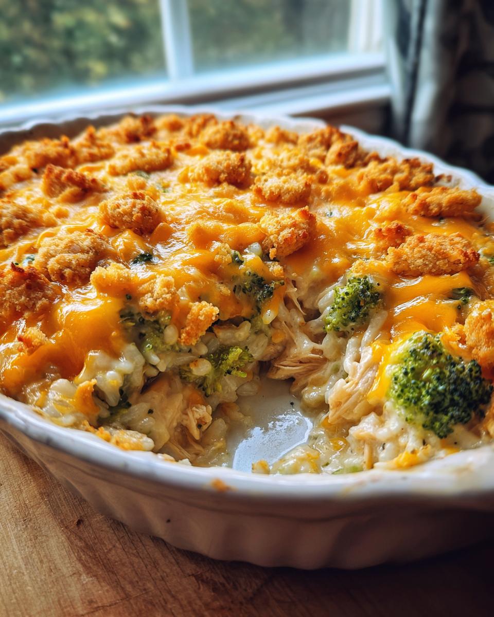 Close-up of a creamy chicken broccoli rice casserole topped with melted cheddar cheese and crunchy topping.