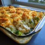 Close-up of a creamy chicken broccoli rice casserole with a golden, cheesy, and crunchy topping in a glass baking dish.