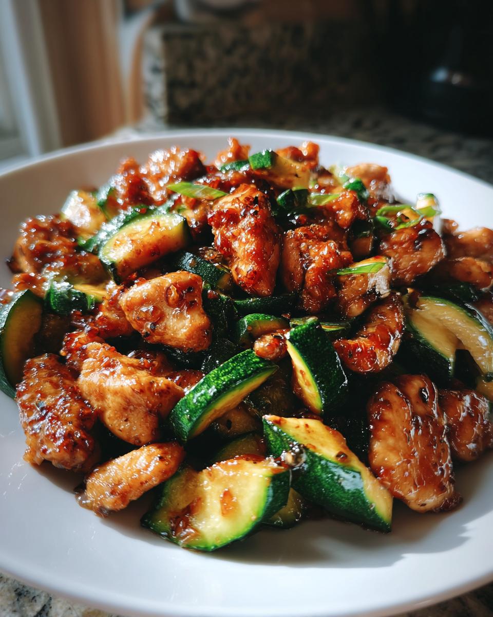 A close-up of a white bowl filled with glossy, saucy chicken zucchini stir fry, garnished with green onions.