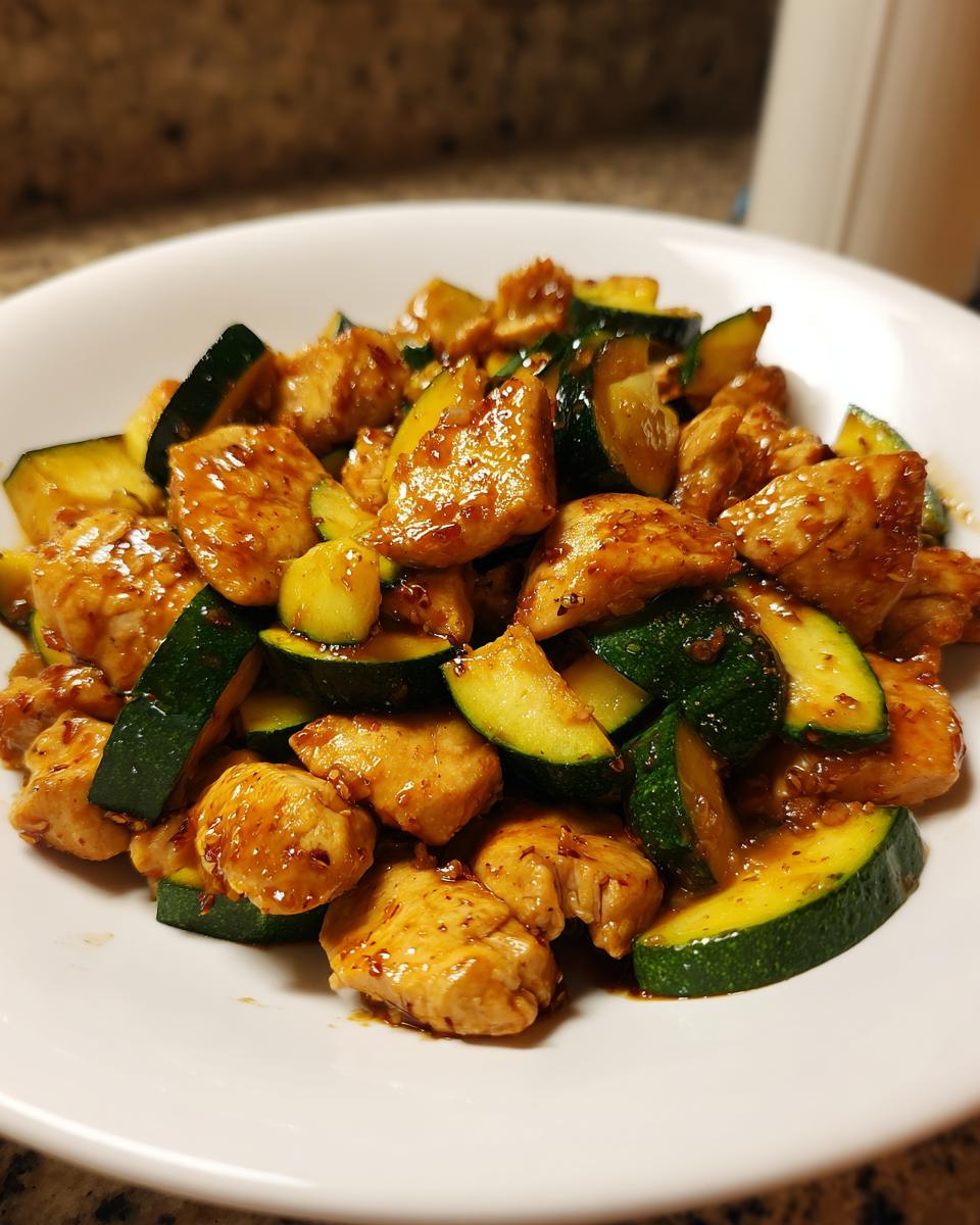 A close-up of a white bowl filled with delicious chicken zucchini stir fry coated in a savory brown sauce.
