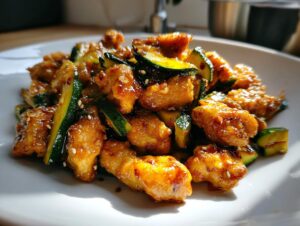 Close-up of glossy, saucy chicken zucchini stir fry pieces sprinkled with sesame seeds on a white plate.
