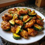 Close-up of glazed chicken zucchini stir fry pieces garnished with sesame seeds on a white plate.