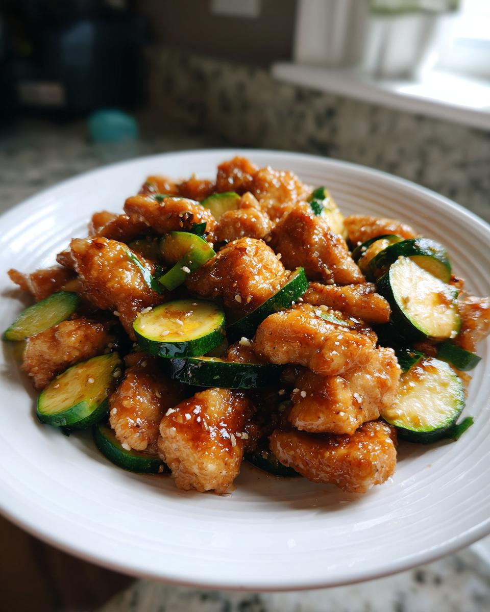 A close-up of a white plate filled with glistening chicken zucchini stir fry pieces topped with sesame seeds.