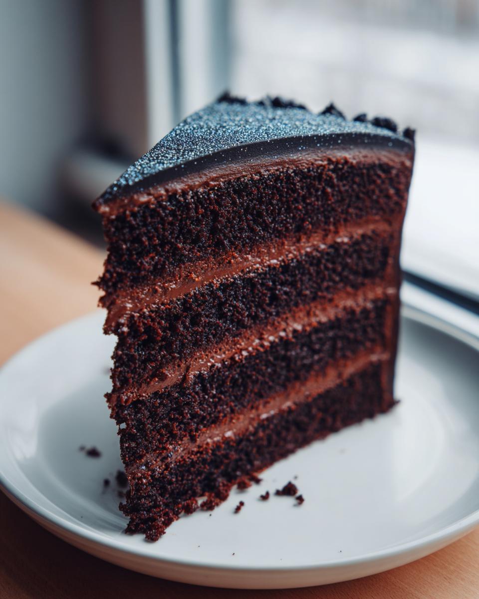 A tall, decadent slice of chocolate Capricorn cake with four layers and dark chocolate frosting, topped with edible glitter.