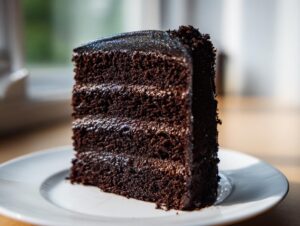 A tall, dark chocolate slice of capricorn cake with four visible layers and a shimmering, dark glitter glaze on top.