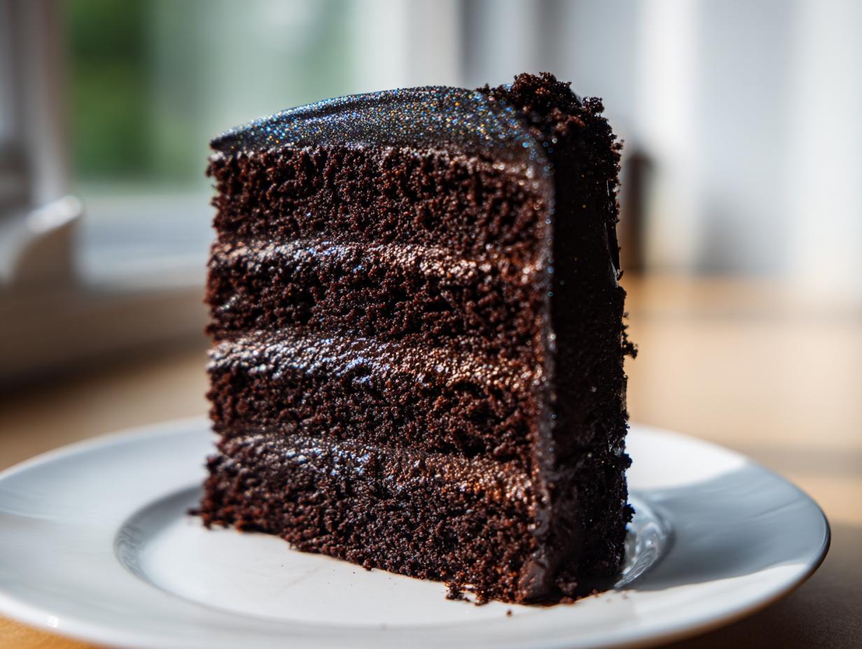 A tall, dark chocolate slice of capricorn cake with four visible layers and a shimmering, dark glitter glaze on top.