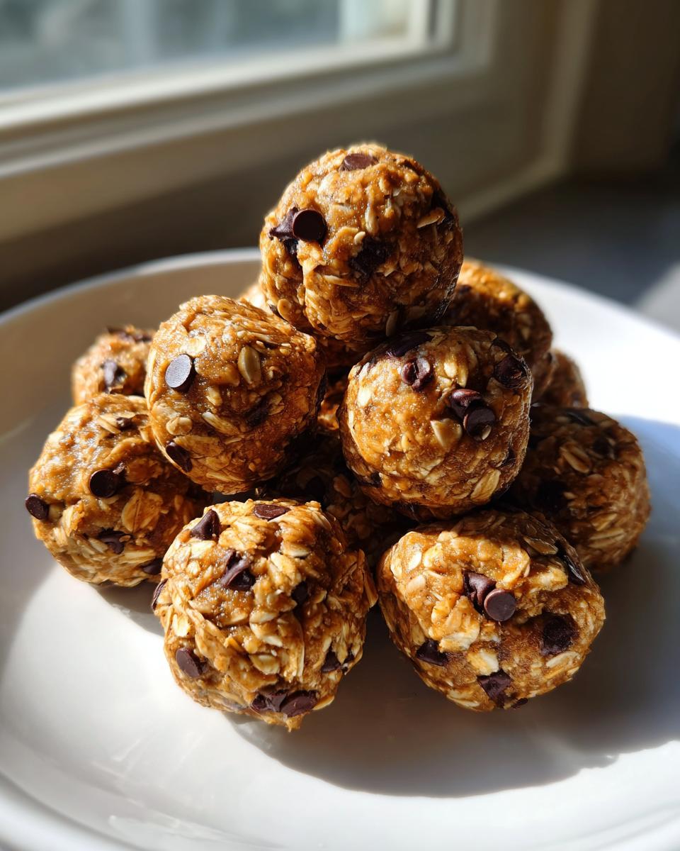 A stack of homemade chocolate chip protein balls made with oats, sitting on a white plate near a window.