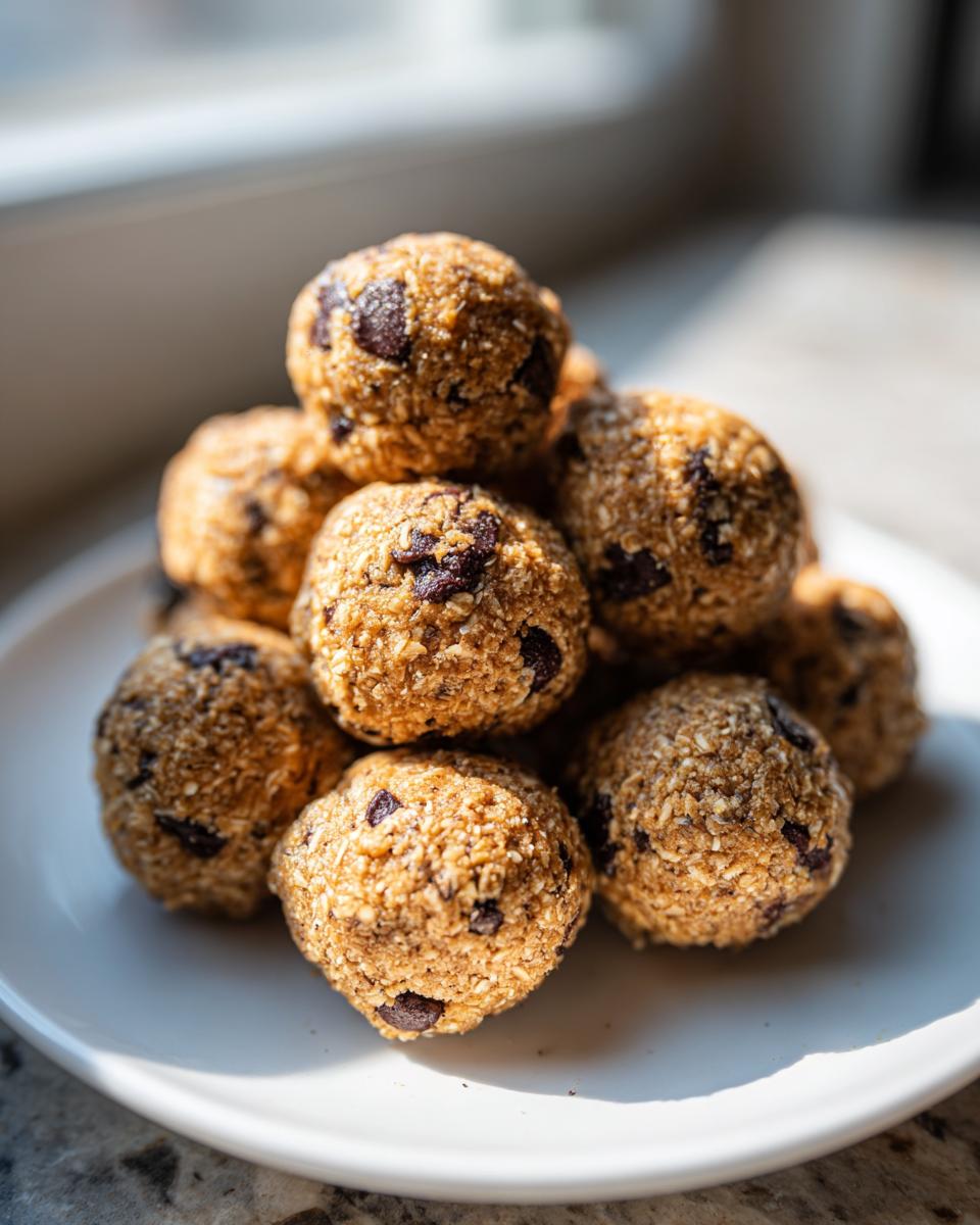 A stack of homemade chocolate chip protein balls made with oats, sitting on a white plate near a window.
