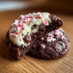 Close-up of a chocolate peppermint cookie broken in half showing a gooey center and white frosting topped with crushed candy canes.