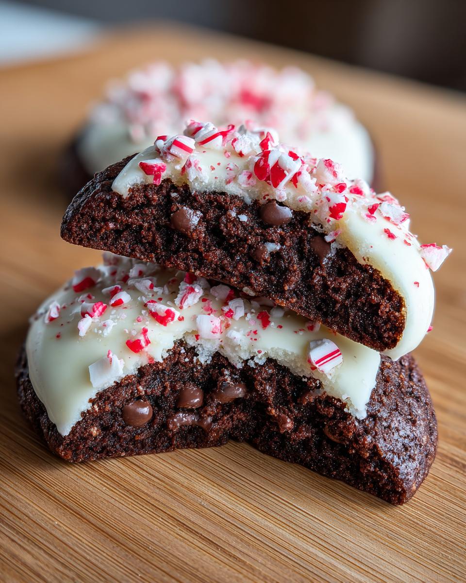 Close-up of a chocolate peppermint cookie cut in half, showing the soft interior, chocolate chips, white frosting, and crushed candy canes.