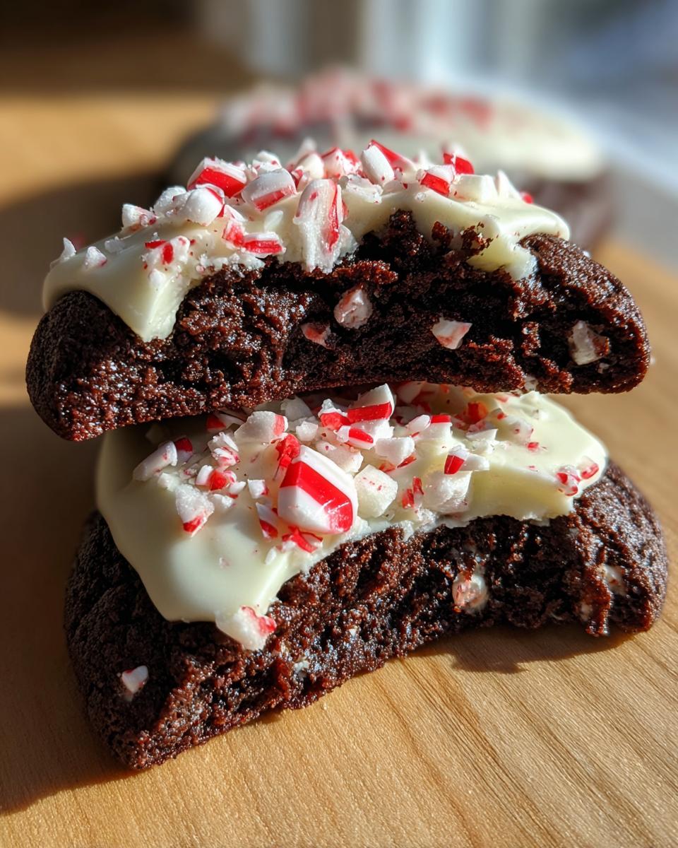 Close-up of two chocolate peppermint cookies stacked, showing the soft interior, white frosting, and crushed candy canes.