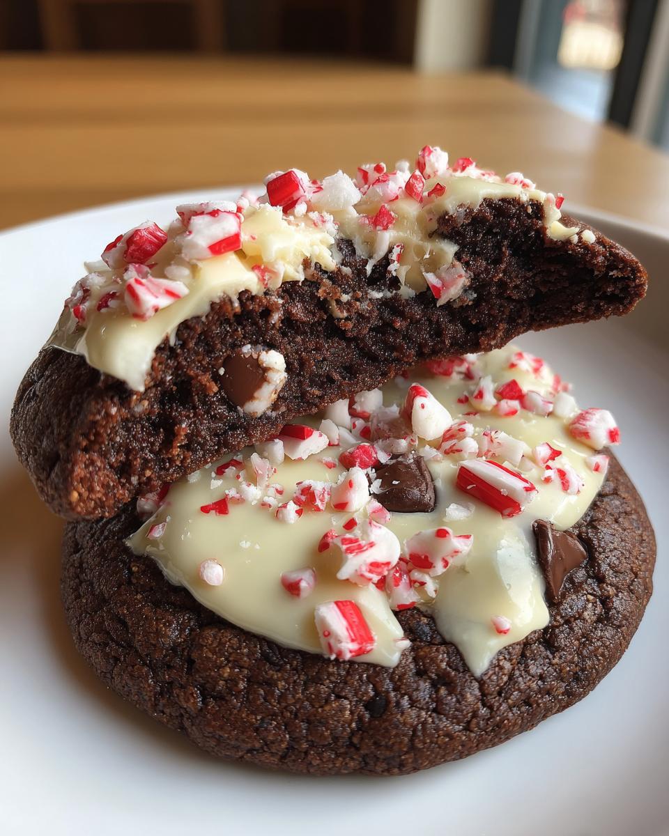 Close-up of a chocolate peppermint cookie split in half, showing the rich interior and white frosting topped with crushed candy canes.