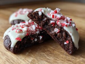 Close-up of a chocolate peppermint cookie cut in half, showing the rich interior and white frosting topped with crushed candy canes.