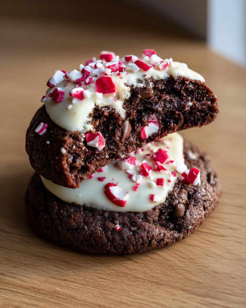 Close-up of two chocolate peppermint cookies stacked, the top one broken in half to show the soft interior and white frosting with crushed candy canes.