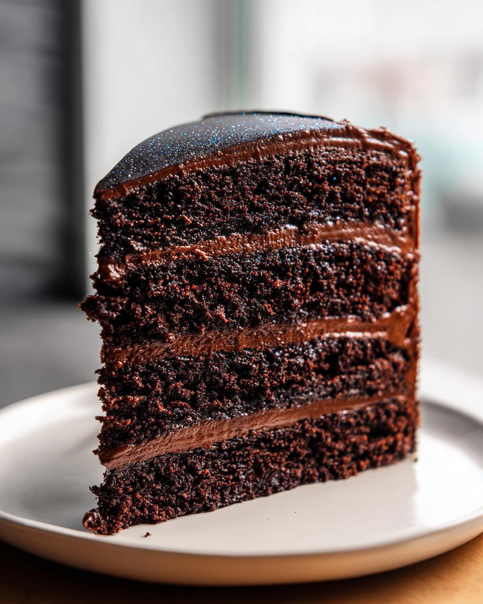 Close-up of a tall slice of dark chocolate layer cake, a perfect Capricorn cake, with frosting layers and a sparkling dark top.