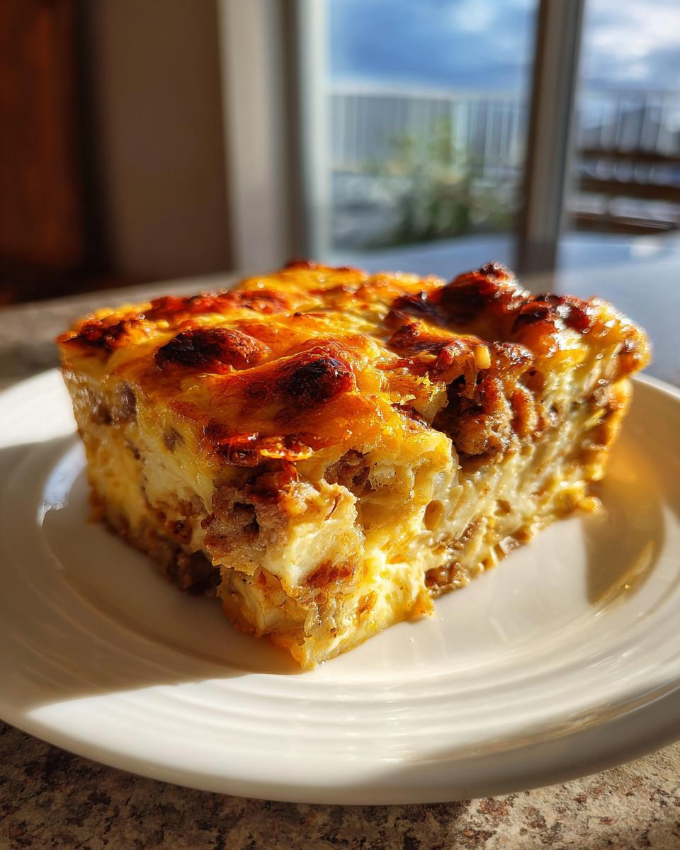 A square slice of rich Christmas breakfast casserole with a deeply browned, cheesy top, served on a white plate.