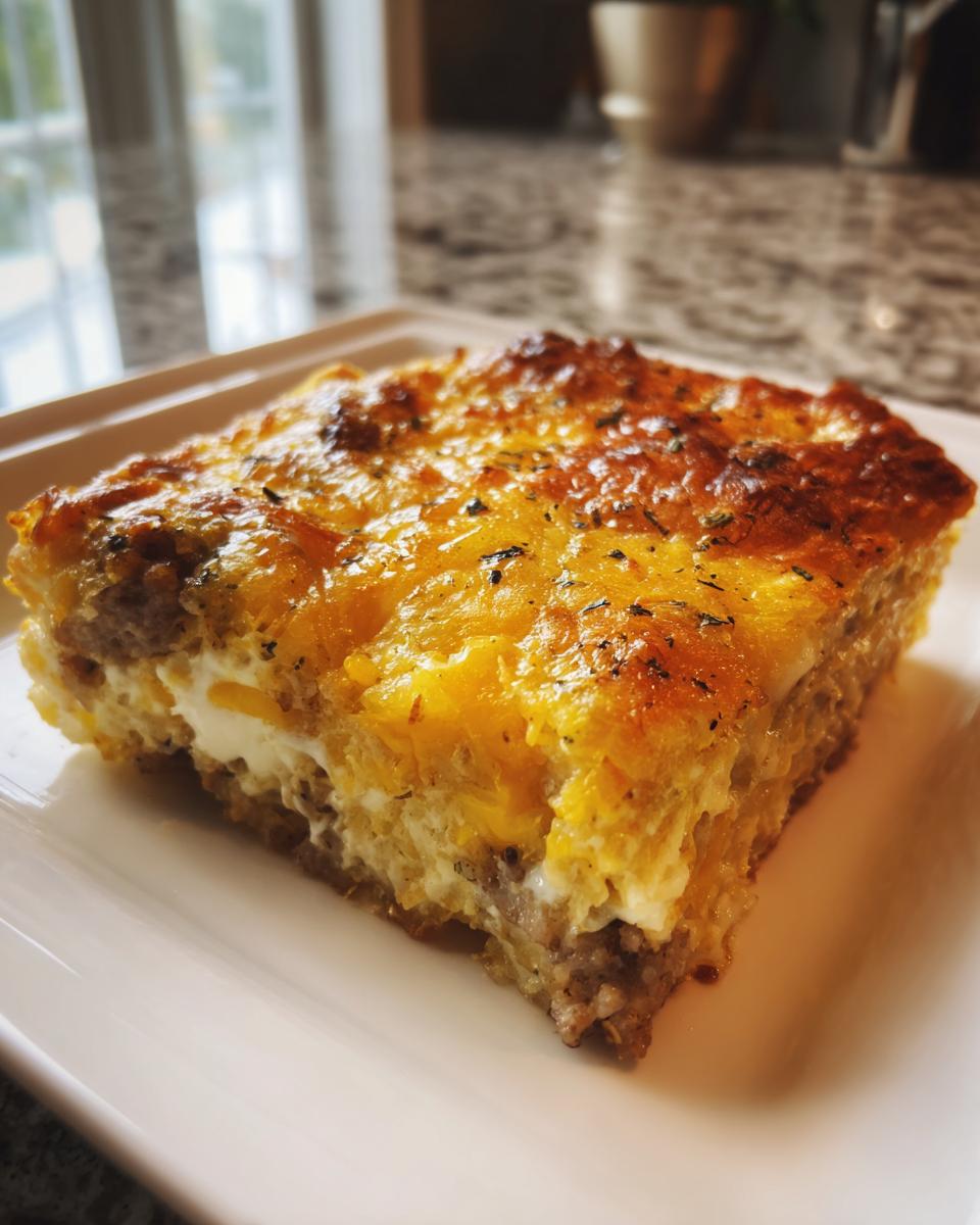 A close-up slice of a savory Christmas breakfast casserole with melted cheddar cheese and sausage.