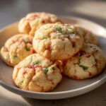 A stack of soft, buttery christmas gooey butter cookies topped with festive red and green sprinkles on a white plate.