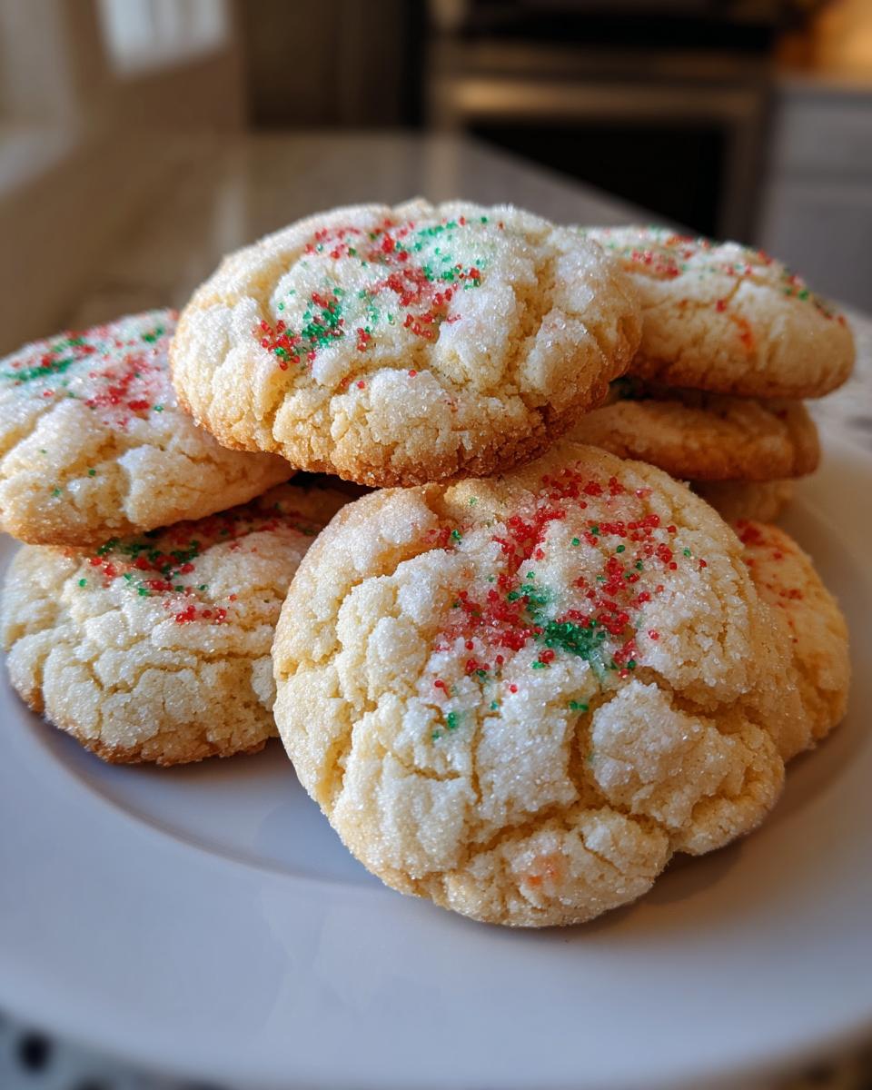 A stack of soft, crackled christmas gooey butter cookies topped with red and green holiday sprinkles.