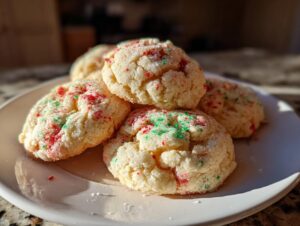 A stack of soft, pale christmas gooey butter cookies topped with red and green sprinkles on a white plate.