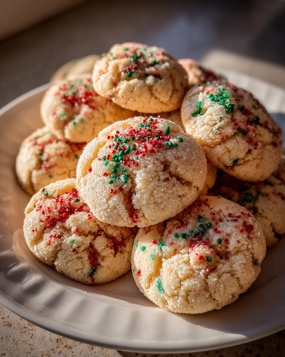 A plate piled high with soft, sugar-coated christmas gooey butter cookies topped with red and green sprinkles.