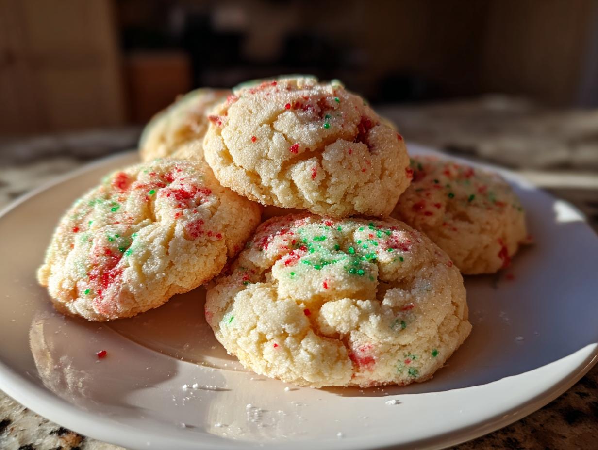 A stack of soft, pale christmas gooey butter cookies topped with red and green sprinkles on a white plate.