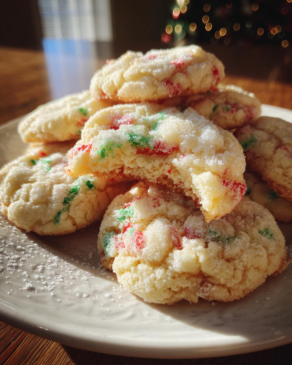 A stack of soft, powdered christmas gooey butter cookies featuring red and green sprinkles, with one cookie broken open.