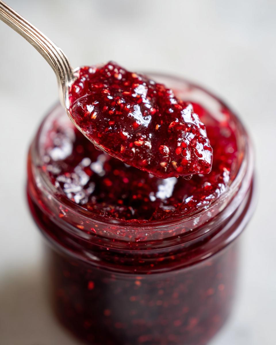 A spoonful of rich, dark red, textured christmas jam being lifted from a glass jar.