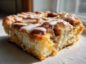 A close-up, sunlit shot of a single, gooey slice of cinnamon roll casserole topped with white icing.