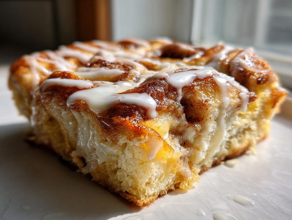 A close-up, sunlit shot of a single, gooey slice of cinnamon roll casserole topped with white icing.