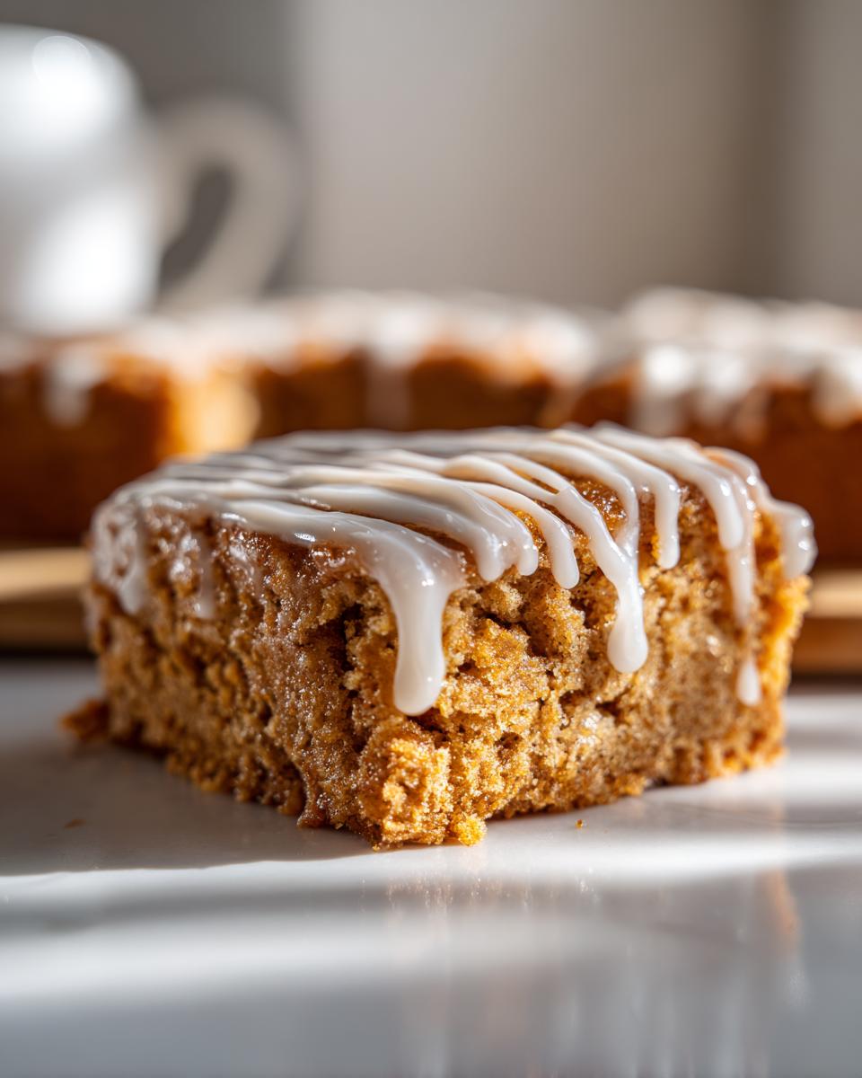A close-up shot of a square piece of moist cinnamon roll casserole topped with thick white icing drizzle.