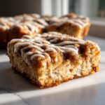 A close-up, mouth-watering shot of a square slice of Cinnamon roll casserole topped with thick white icing.