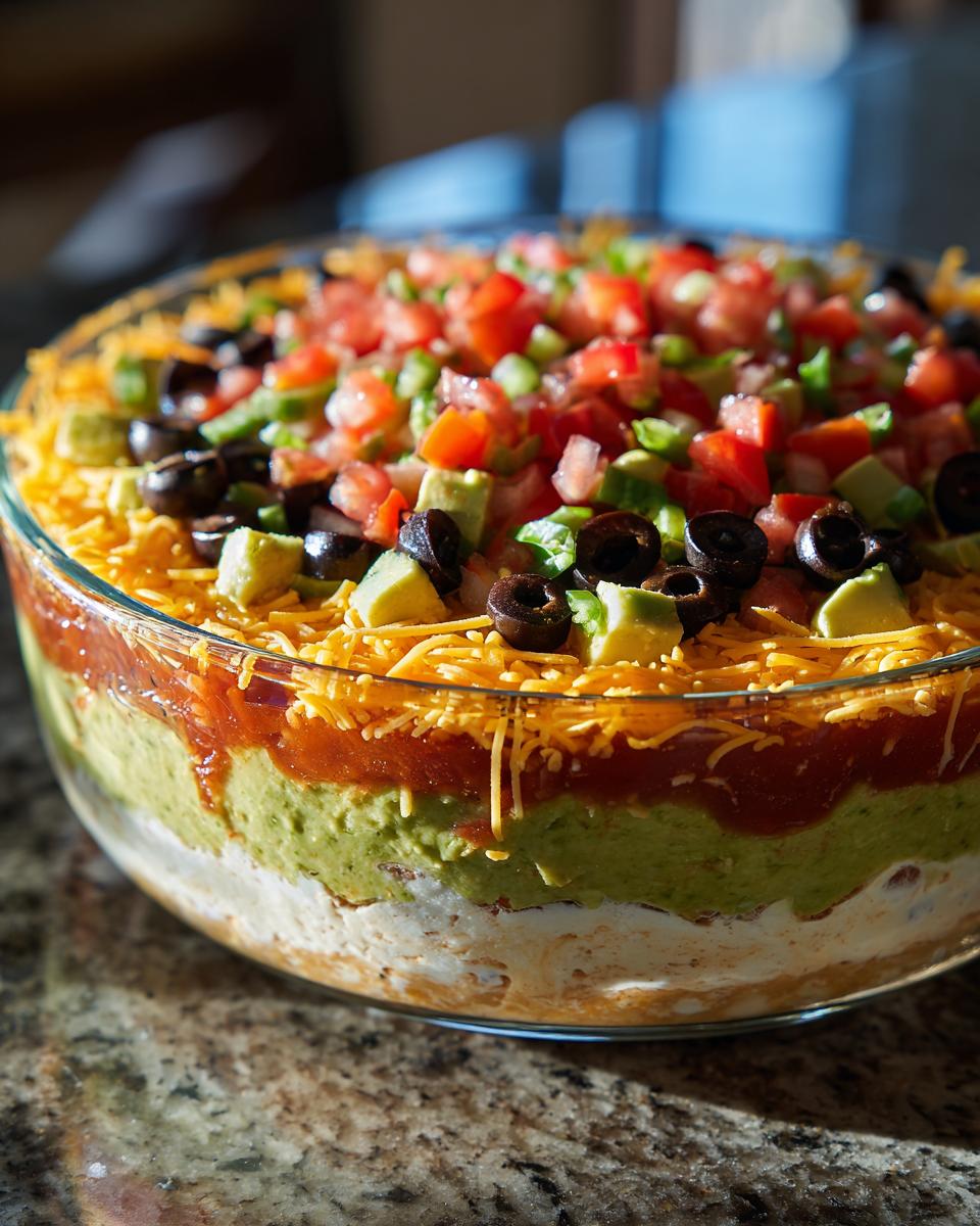 A vibrant, fully assembled 7 layer dip featuring distinct layers of cream cheese, guacamole, salsa, cheese, olives, and pico de gallo.