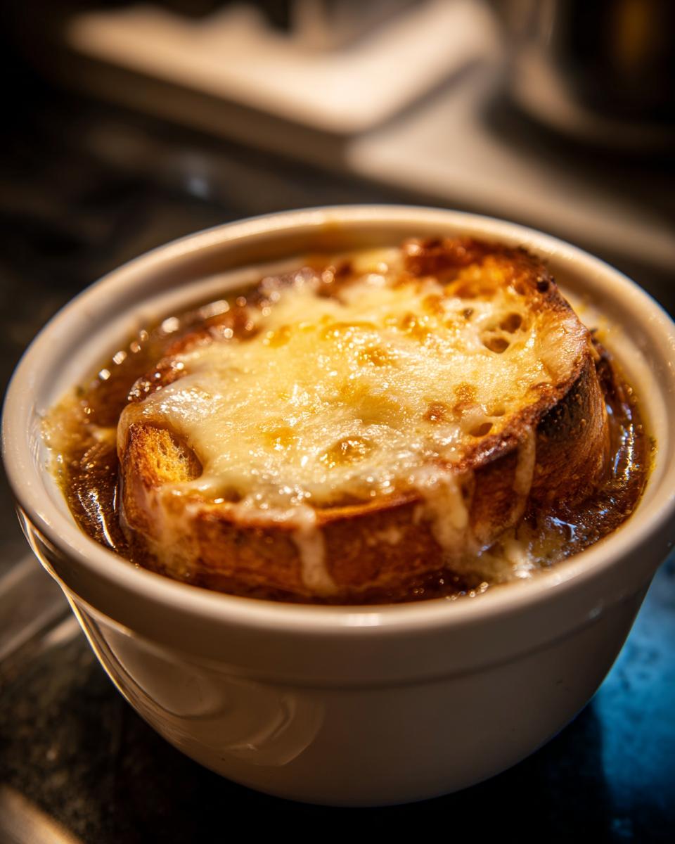 Close-up of a steaming bowl of french onion soup topped with a thick, cheesy, broiled crouton.
