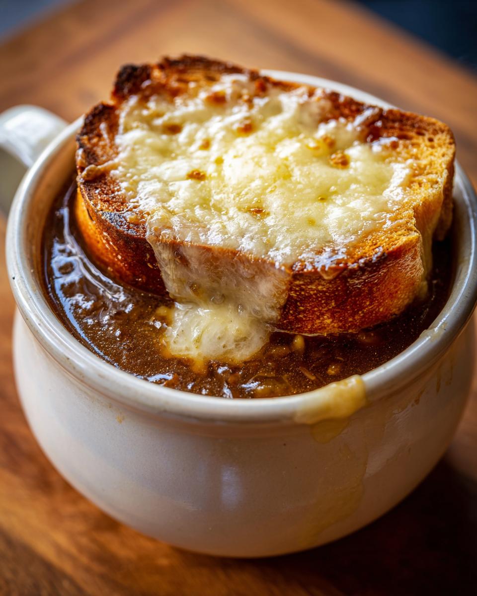 Close-up of a bowl of rich french onion soup topped with a thick, cheesy, broiled crouton.