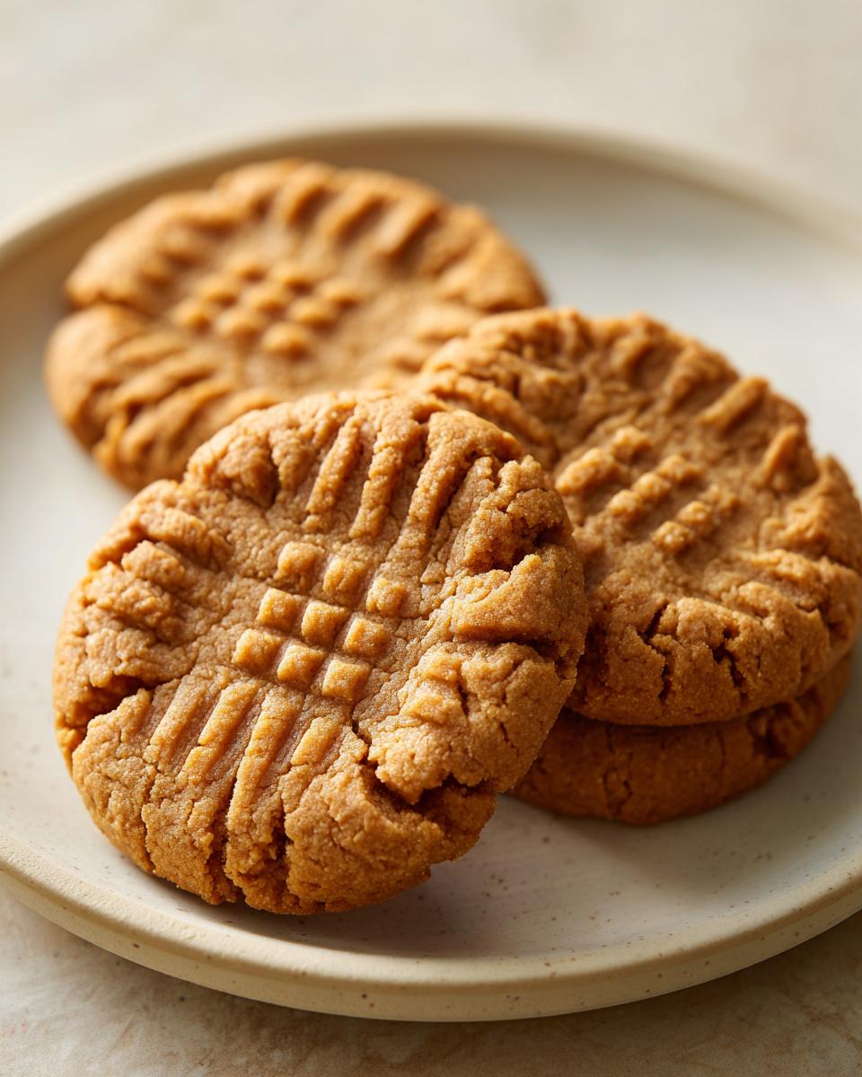 Three golden brown peanut butter cookies with classic fork crosshatch marks stacked on a light ceramic plate.