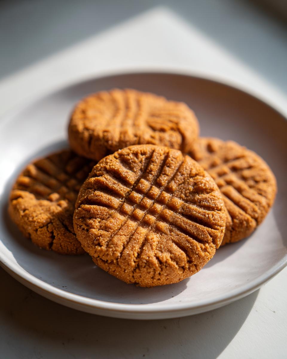 Close-up of four golden brown peanut butter cookies with classic crisscross fork marks on a light plate.