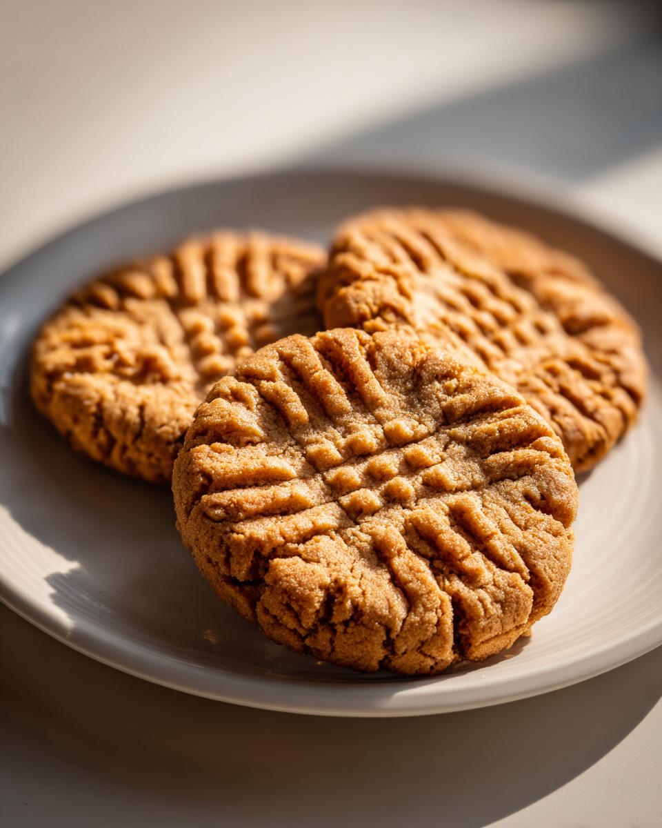 Close-up of three golden brown peanut butter cookies with classic fork cross-hatch marks, resting on a light plate.