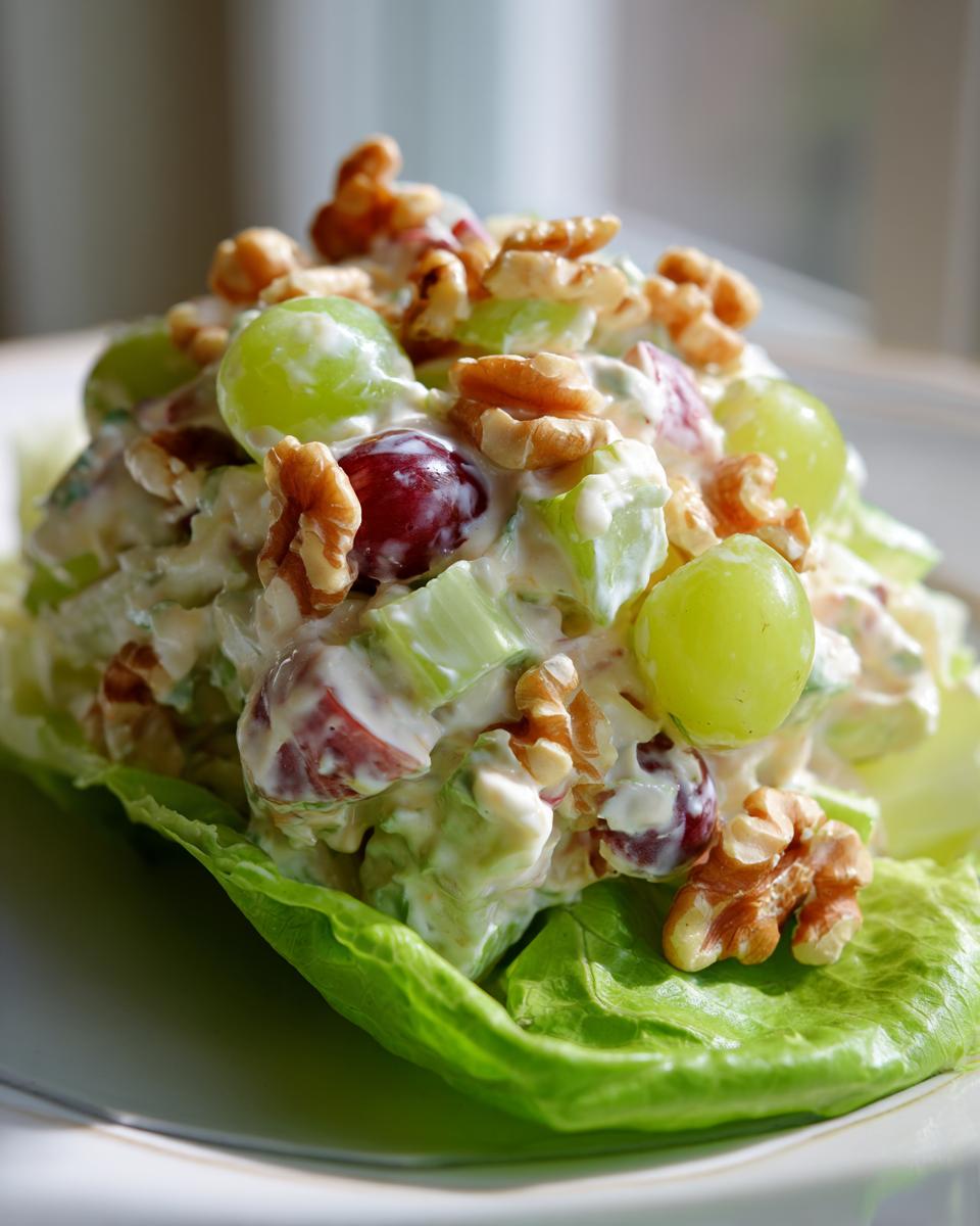 Close-up of a creamy Waldorf salad served in a crisp lettuce cup, topped with walnuts and grapes.