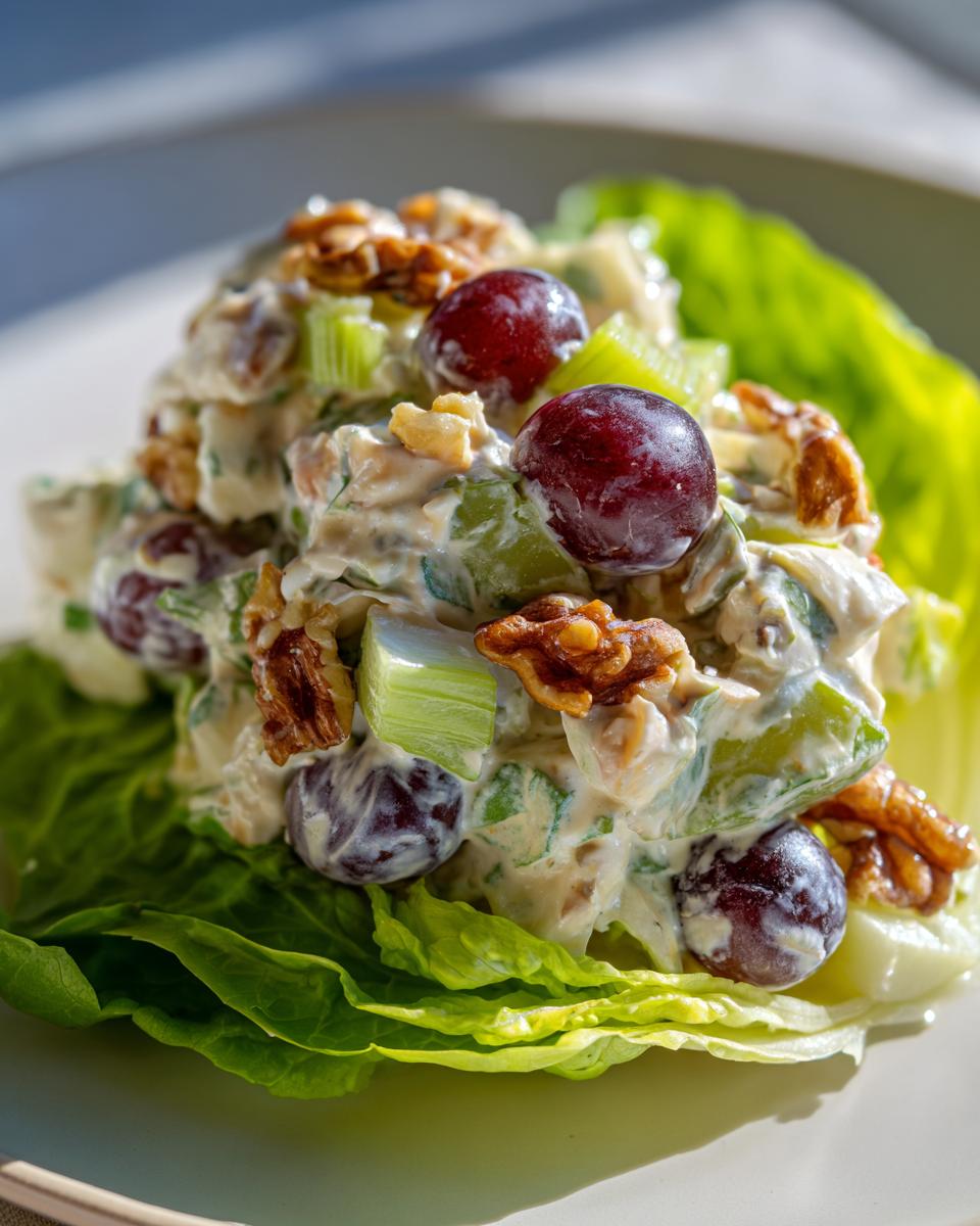 A scoop of creamy Waldorf salad topped with red grapes and walnuts, served on crisp lettuce leaves.