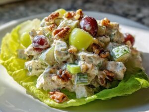 A serving of creamy Waldorf salad topped with red and green grapes and pecans, resting on a crisp lettuce cup.