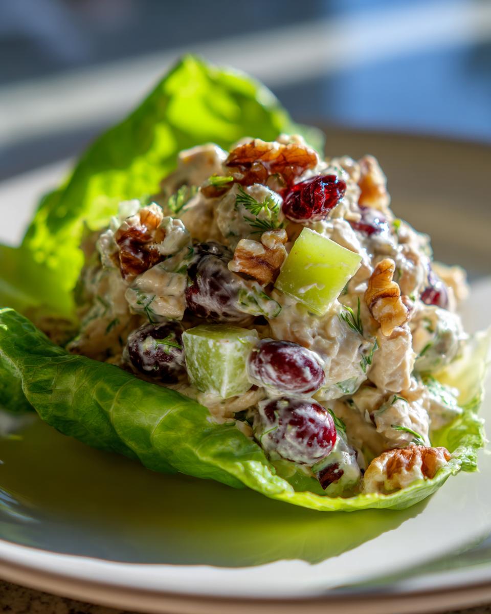 A close-up of a creamy Waldorf salad served in a crisp lettuce cup, featuring grapes, walnuts, and celery.