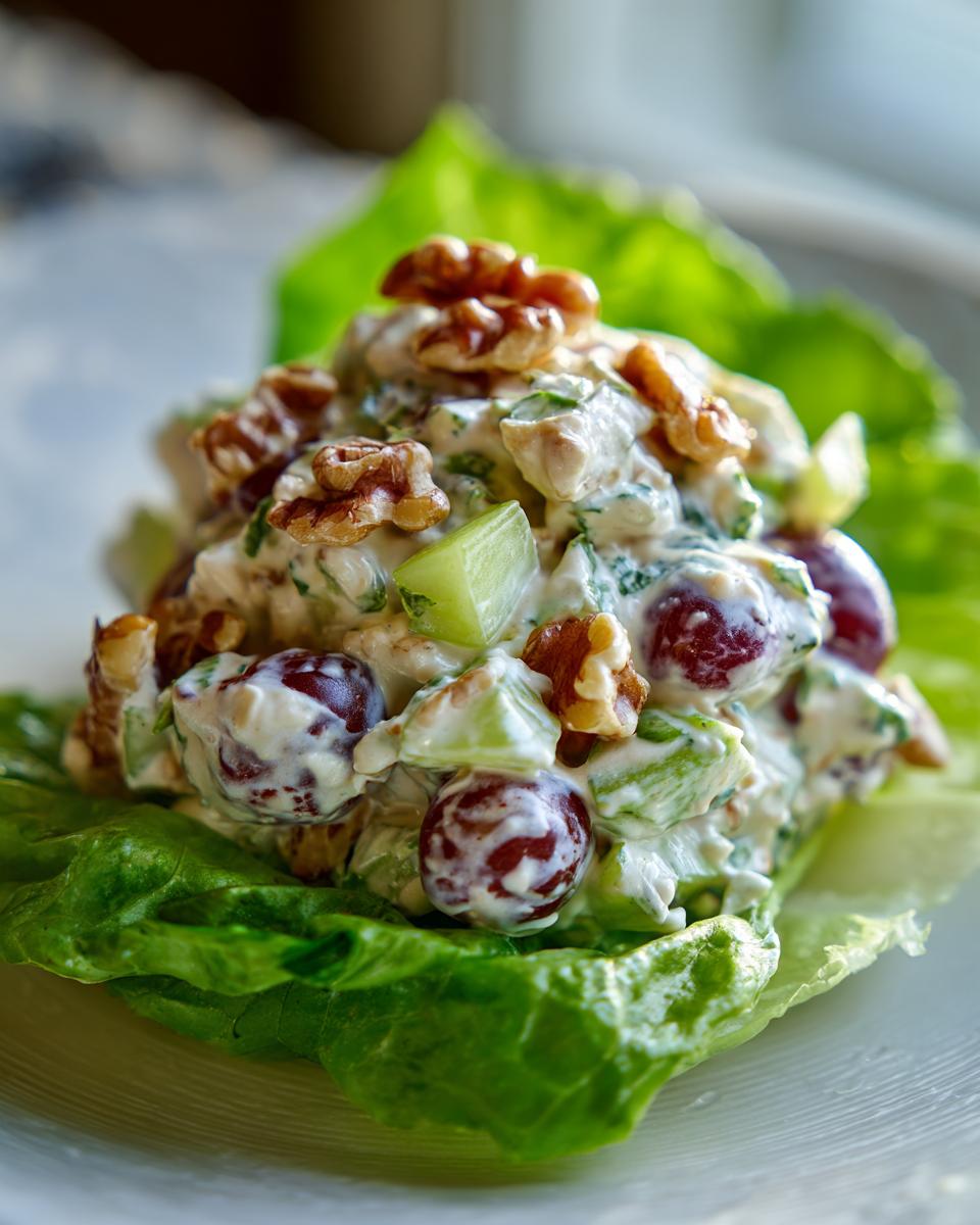 A scoop of creamy Waldorf salad featuring grapes, celery, and walnuts, served atop a bright green lettuce leaf.