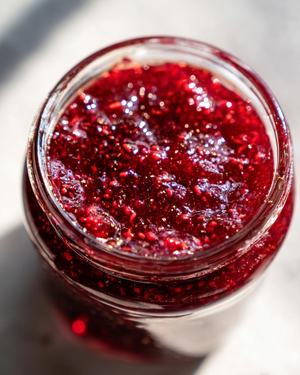 Overhead close-up of a glass jar filled with glistening, deep red homemade christmas jam, showing fruit texture.