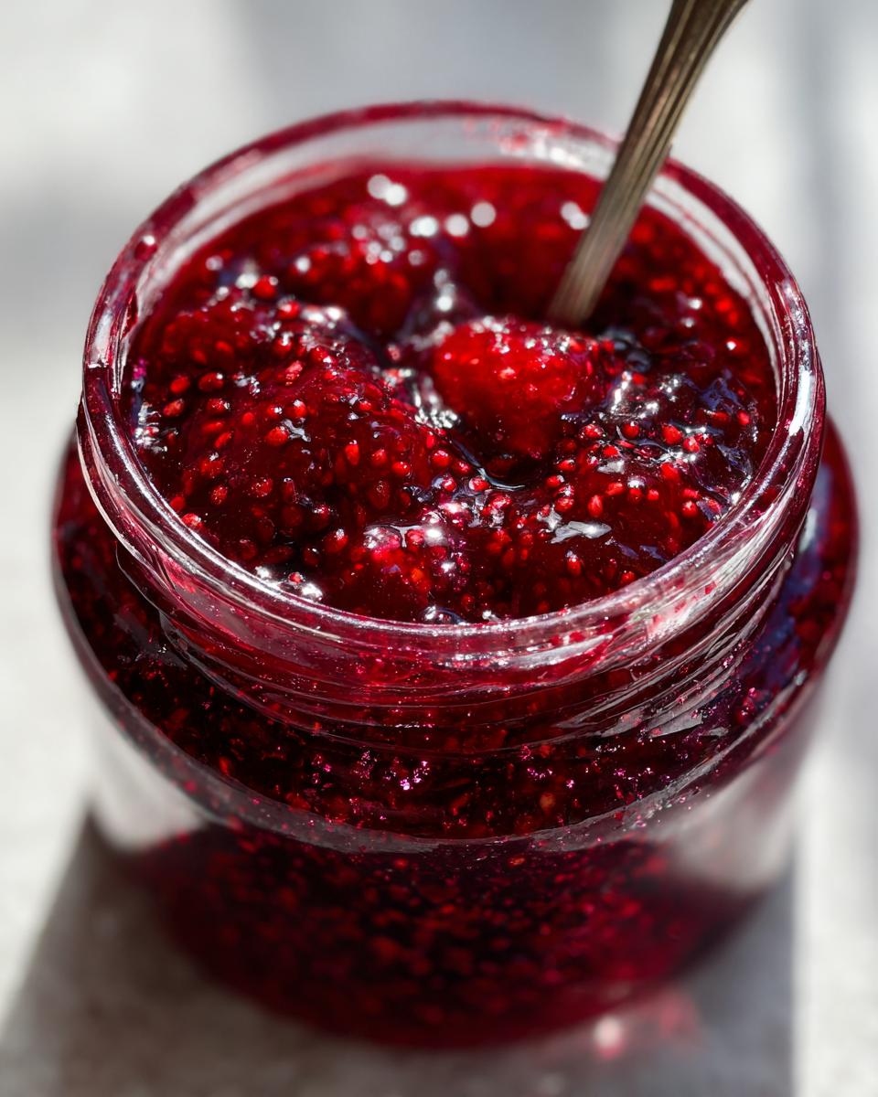 Overhead close-up of a jar filled with vibrant, textured red christmas jam, featuring visible seeds and a spoon resting inside.