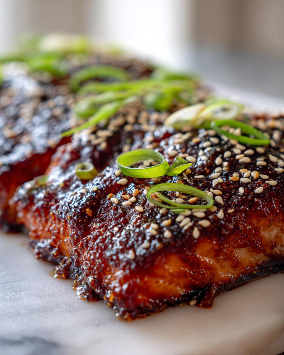 Close-up of perfectly cooked teriyaki salmon fillets covered in a dark, sticky glaze, topped with sesame seeds and sliced green onions.