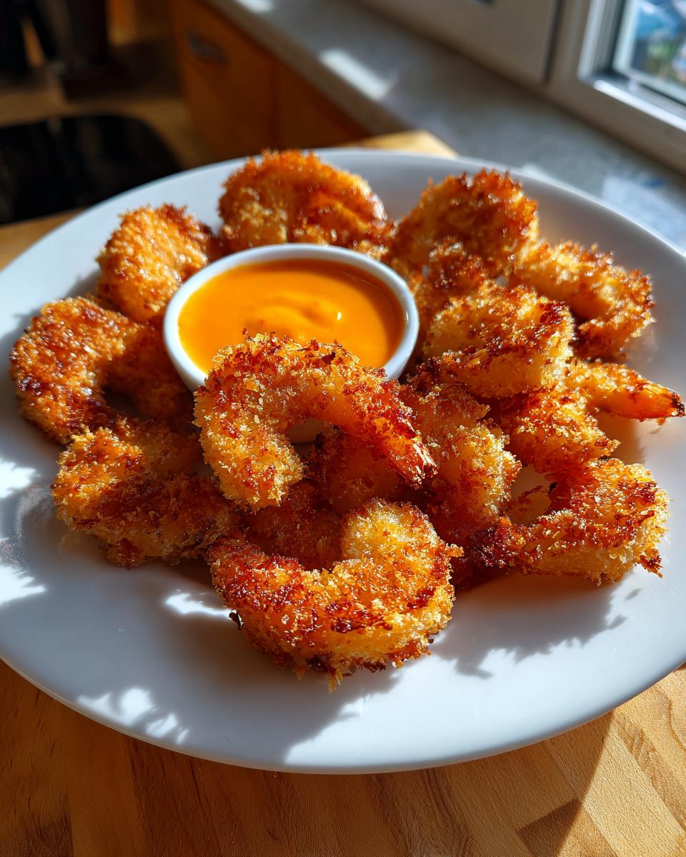 A plate of crispy, golden brown coconut shrimp served with a small bowl of orange dipping sauce.
