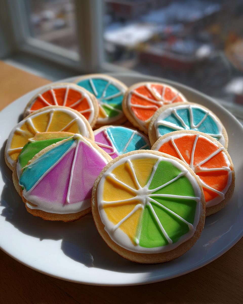 A plate of sugar cookies decorated with vibrant, colorful citrus slice designs using royal sugar cookie icing.
